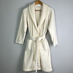 Pottery Barn SM Plush Bathrobe Off White Ivory Fleece Lined Belt Tie Housecoat